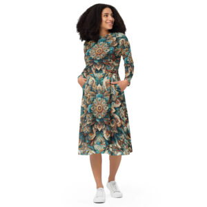 Geometric Flower Design long sleeve midi dress